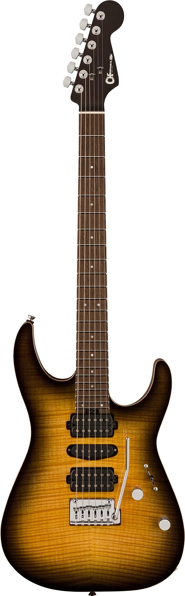 Charvel MJ DK24 HSH 2PT W Mahogany Electric Guitar (with Gig Bag), Flame Maple Antique Burst, Open Box (Very Good), Action Position Back