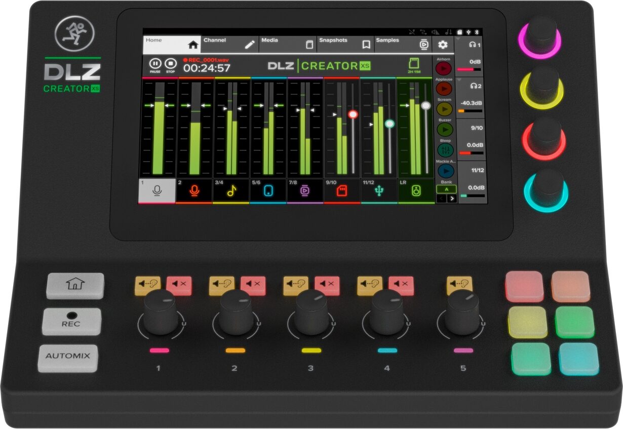 Mackie DLZ Creator XS Compact Adaptive Digital Mixer for Podcasting and Streaming, Open Box (Like New), Main with all components Front