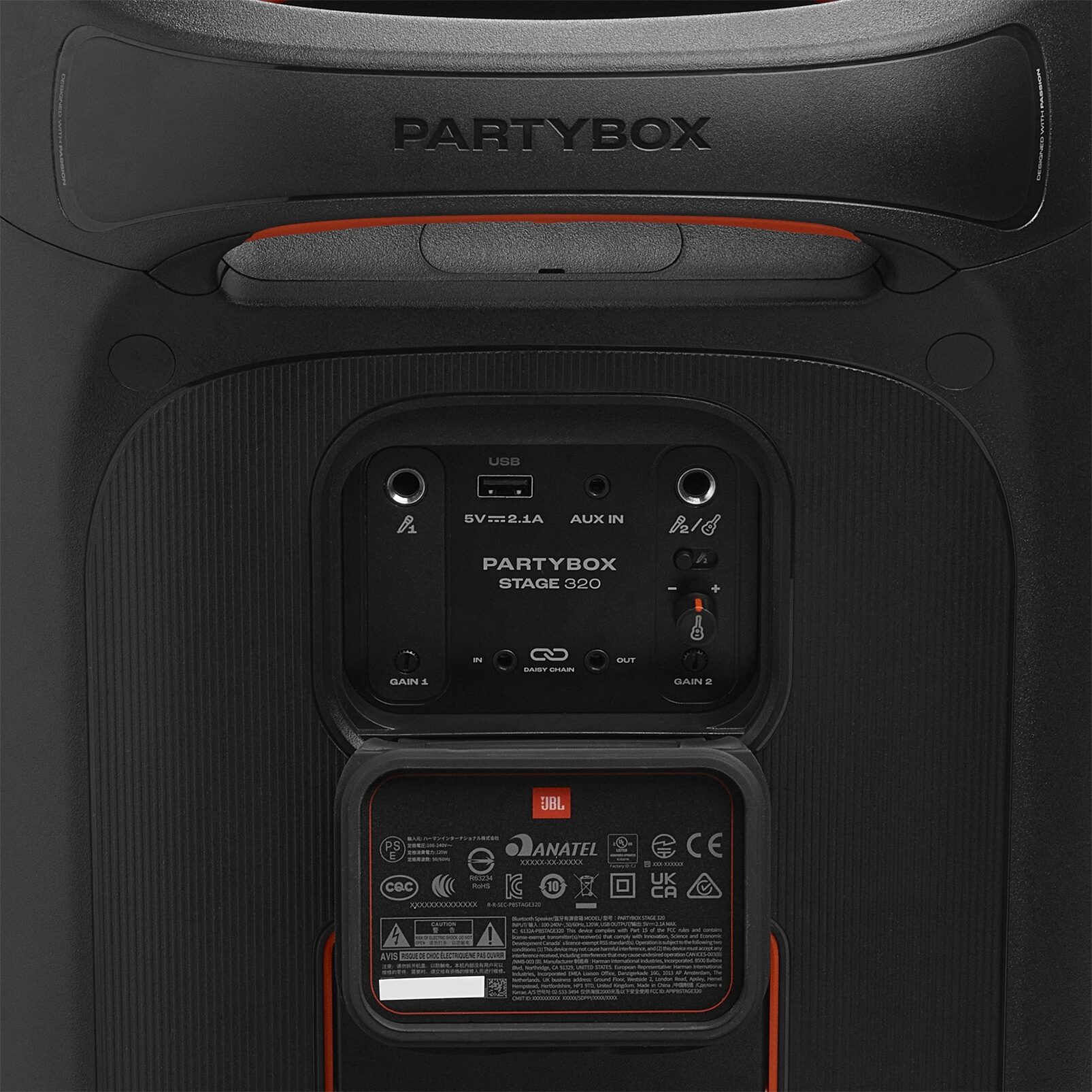 JBL PartyBox Stage 320 Portable Party Speaker, New, Rear Panel Connections