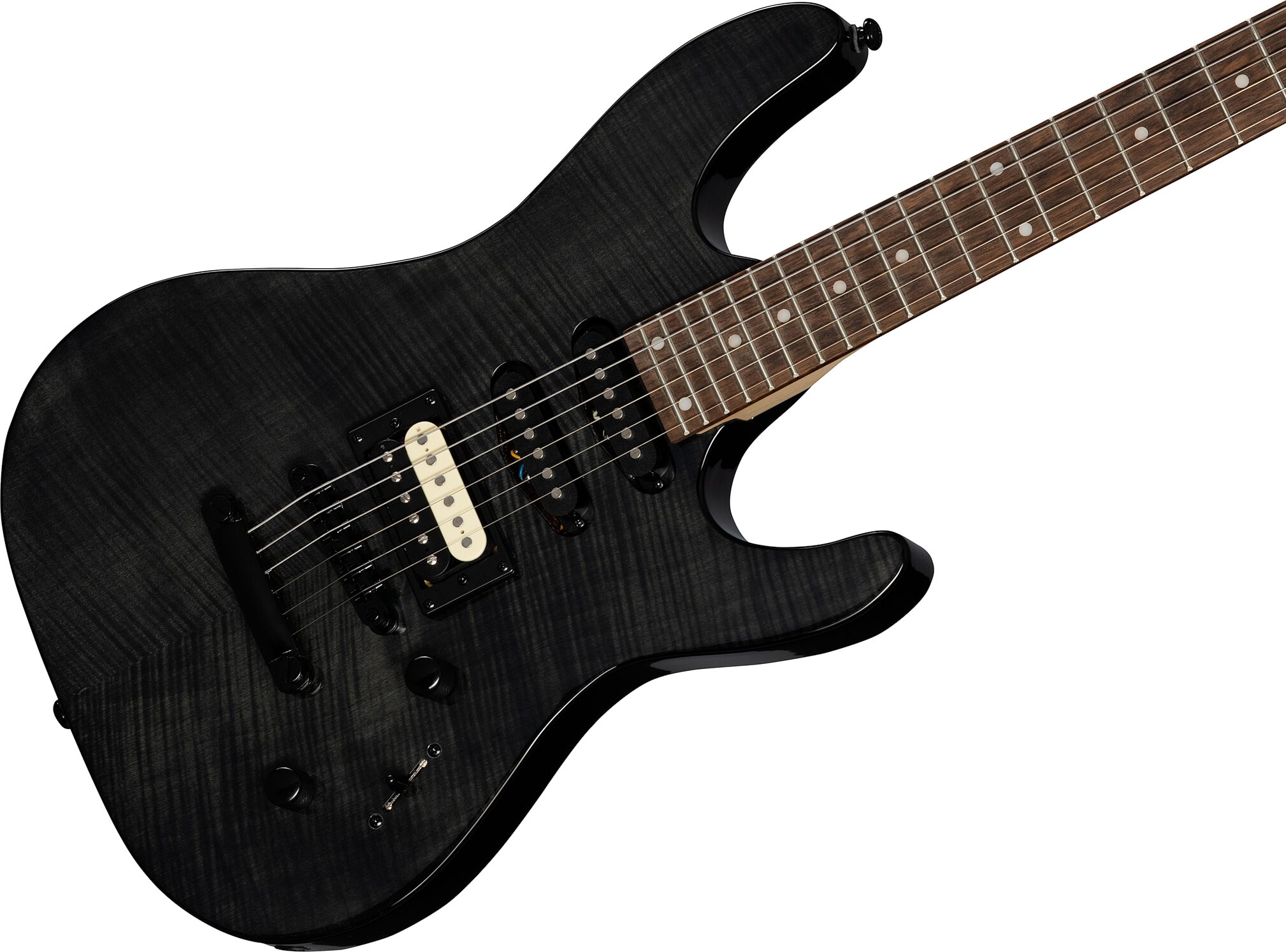 Kramer Striker Figured HSS Electric Guitar, Laurel Fingerboard, Transparent Black, Open Box (Very Good), Action Position Back