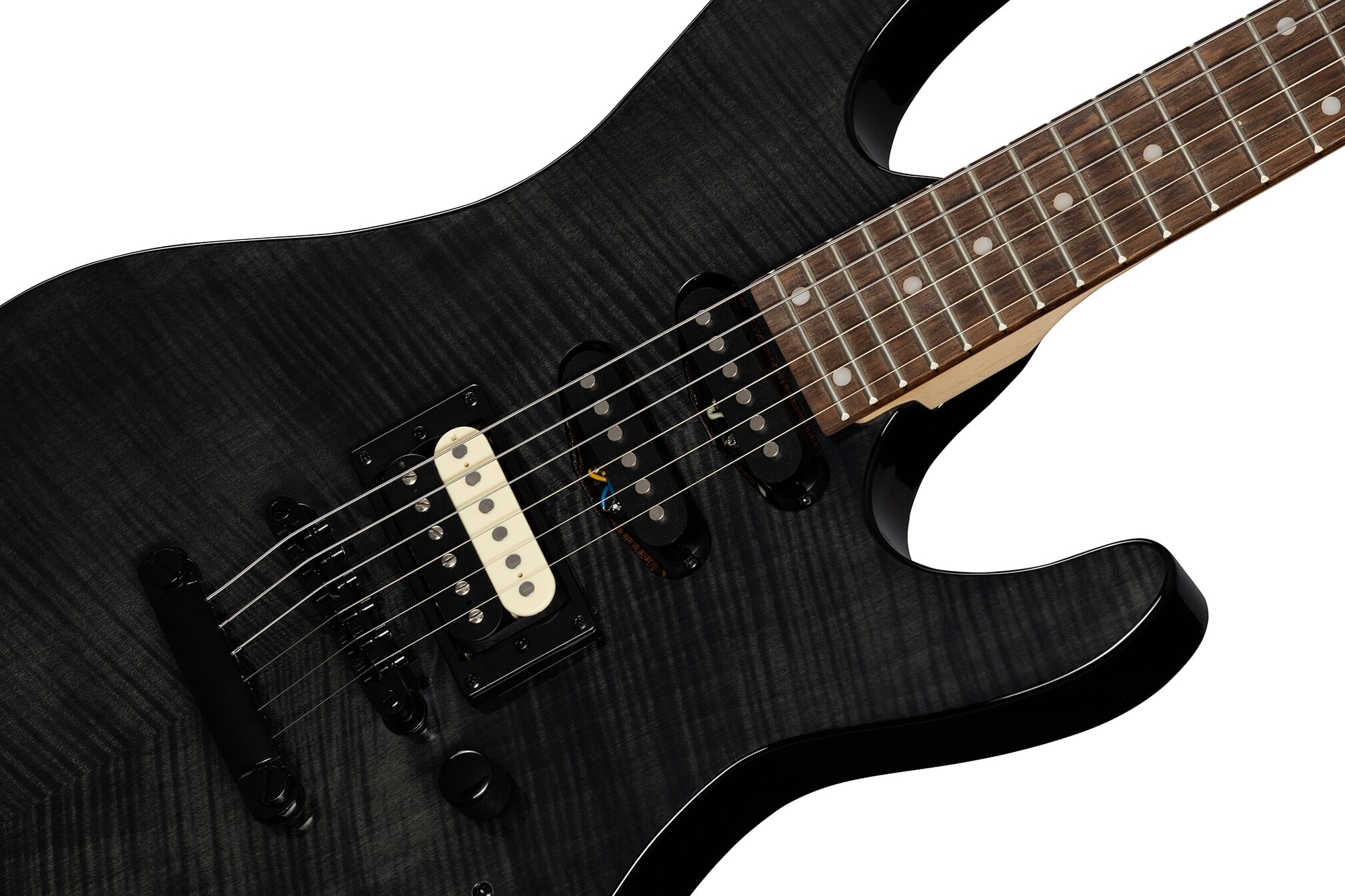 Kramer Striker Figured HSS Electric Guitar, Laurel Fingerboard, Transparent Black, Open Box (Very Good), Action Position Back