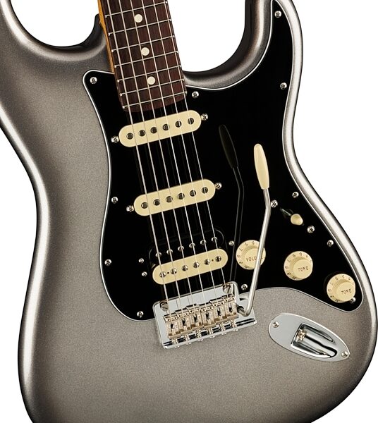 open zoom image for Fender American Pro II HSS Stratocaster Electric Guitar, Rosewood Fingerboard (with Case), Mercury, Action Position Back