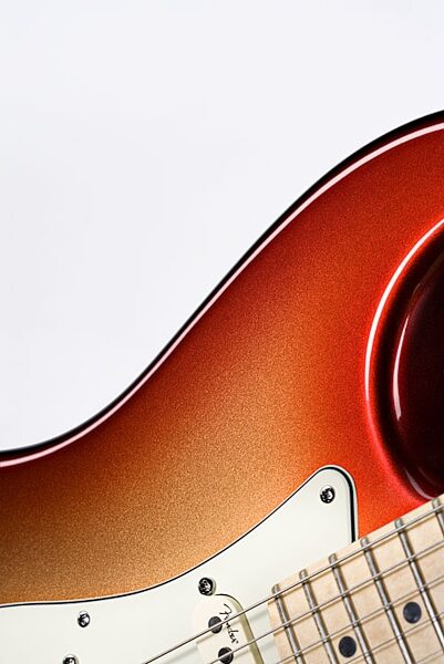 open zoom image for Fender American Deluxe Stratocaster Electric Guitar (Maple with Case), Body Closeup