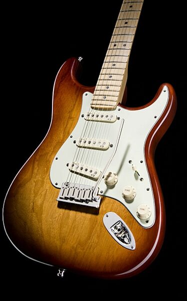open zoom image for Fender American Deluxe Stratocaster Ash Electric Guitar (Maple with Case), Tobacco Sunburst - Glamour View