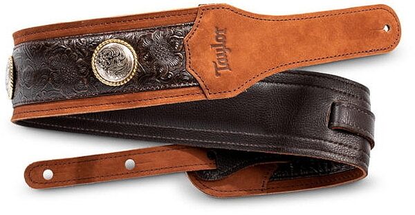 open zoom image for Taylor Grand Pacific 3" Nickel Concho Leather Guitar Strap, Black, Main--TW-Straps-4122-30