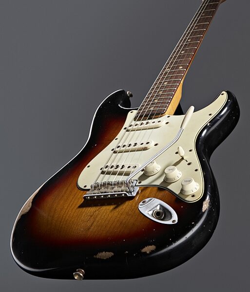 open zoom image for Fender Road Worn '60s Stratocaster Electric Guitar (with Gig Bag), 3-Color Sunburst Closeup
