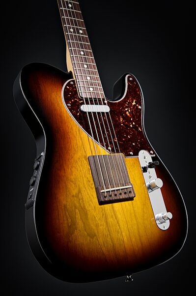 open zoom image for Fender Acoustasonic Telecaster Electric Guitar (with Gig Bag), 3-Color Sunburst (Closeup)