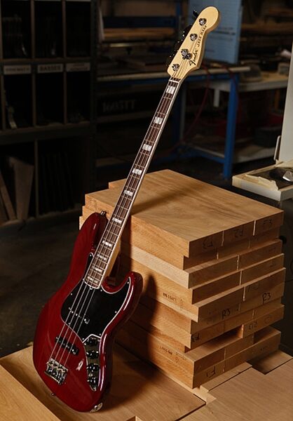 open zoom image for Fender American Deluxe Jazz Electric Bass (Rosewood with Case), Wine Red Transparent - Glamour View