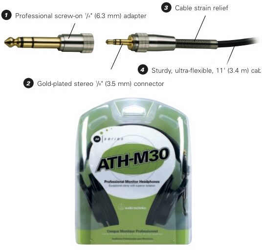 open zoom image for Audio-Technica ATH-M30 Closed-Back Stereo Monitor Headphones, Box View and Connectors