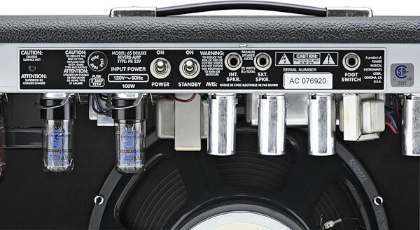 open zoom image for Fender '65 Deluxe Reverb Vintage Reissue Guitar Combo Amplifier (22 Watts, 1x12"), Black, Black - Rear