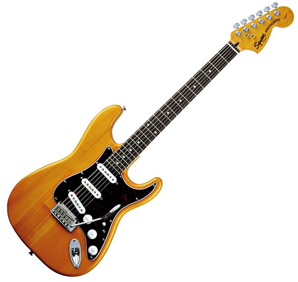 open zoom image for Squier Satin Trans Stratocaster Electric Guitar, Amber Satin