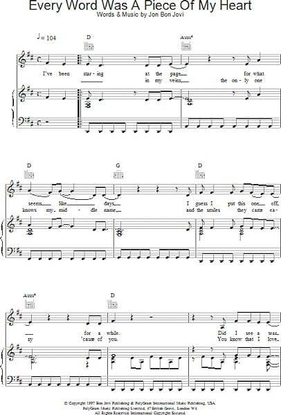 open zoom image for Every Word Was A Piece Of My Heart - Piano/Vocal/Guitar, New, Main