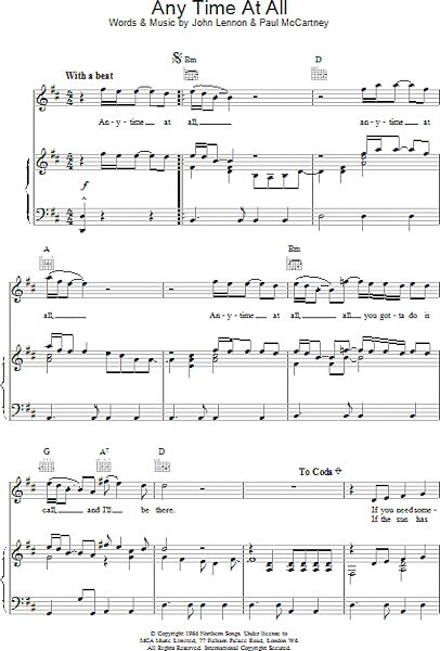 open zoom image for Any Time At All - Piano/Vocal/Guitar, New, Main