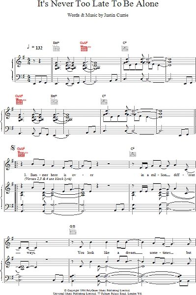 open zoom image for It's Never Too Late To Be Alone - Piano/Vocal/Guitar, New, Main