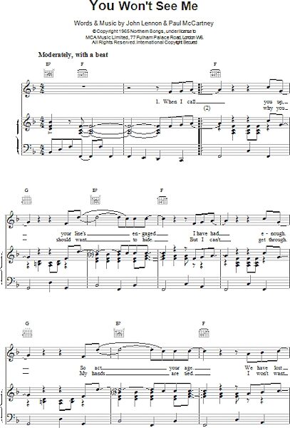 open zoom image for You Won't See Me - Piano/Vocal/Guitar, New, Main