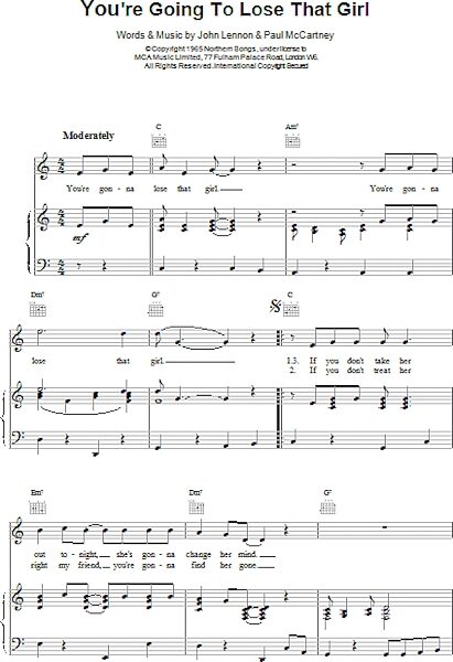 open zoom image for You're Going To Lose That Girl - Piano/Vocal/Guitar, New, Main
