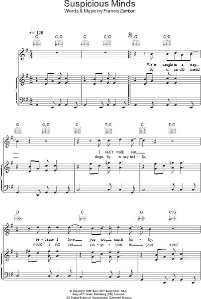 open zoom image for Suspicious Minds - Piano/Vocal/Guitar, New, Main