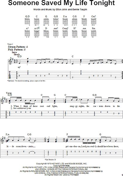 open zoom image for Someone Saved My Life Tonight - Easy Guitar with TAB, New, Main