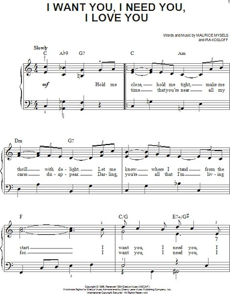 open zoom image for I Want You, I Need You, I Love You - Easy Piano, New, Main