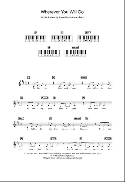 open zoom image for Wherever You Will Go - Piano Chords/Lyrics, New, Main