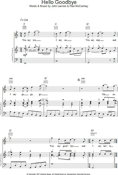 open zoom image for Hello, Goodbye - Piano/Vocal/Guitar, New, Main