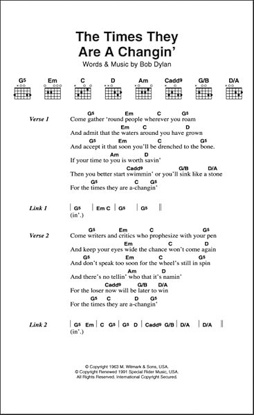 open zoom image for The Times They Are A-Changin' - Guitar Chords/Lyrics, New, Main