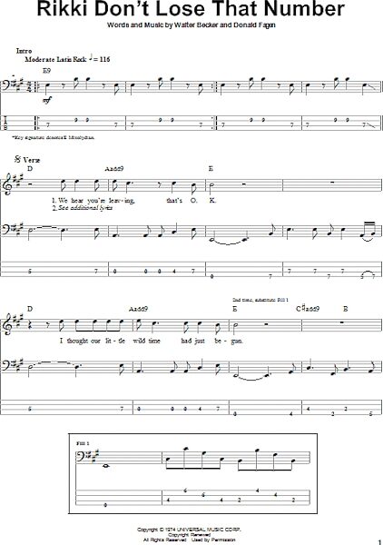 open zoom image for Rikki Don't Lose That Number - Bass Tab, New, Main