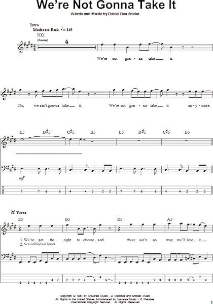 open zoom image for We're Not Gonna Take It - Bass Tab, New, Main