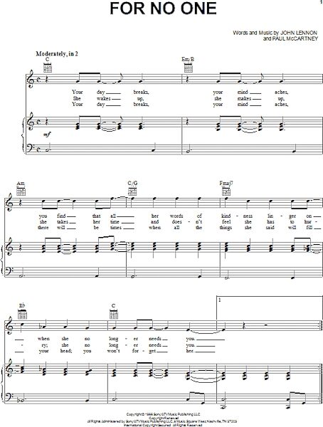 open zoom image for For No One - Piano/Vocal/Guitar, New, Main