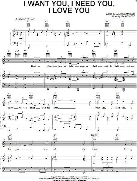 open zoom image for I Want You, I Need You, I Love You - Piano/Vocal/Guitar, New, Main