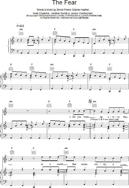 open zoom image for The Fear - Piano/Vocal/Guitar, New, Main