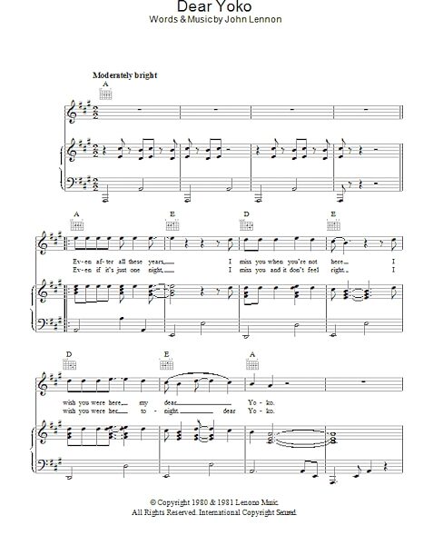 open zoom image for Dear Yoko - Piano/Vocal/Guitar, New, Main