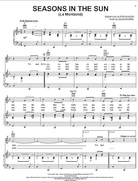 open zoom image for Seasons In The Sun (Le Moribond) - Piano/Vocal/Guitar, New, Main