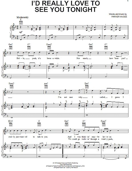 open zoom image for I'd Really Love To See You Tonight - Piano/Vocal/Guitar, New, Main