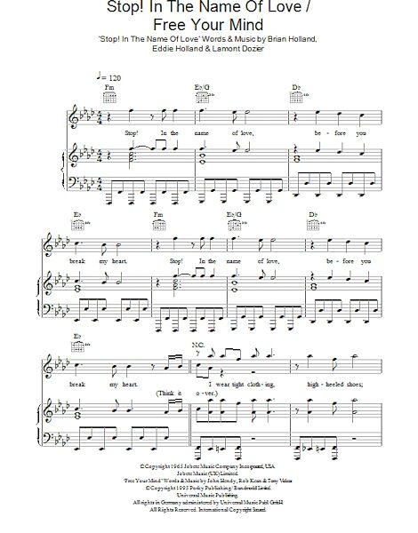 open zoom image for Stop! In The Name Of Love / Free Your Mind - Piano/Vocal/Guitar, New, Main