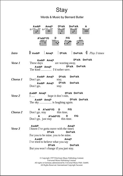 open zoom image for Stay - Guitar Chords/Lyrics, New, Main