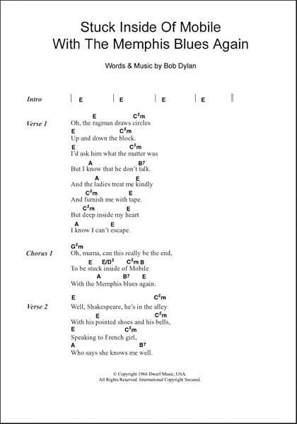 open zoom image for Stuck Inside Of Mobile With The Memphis Blues Again - Guitar Chords/Lyrics, New, Main