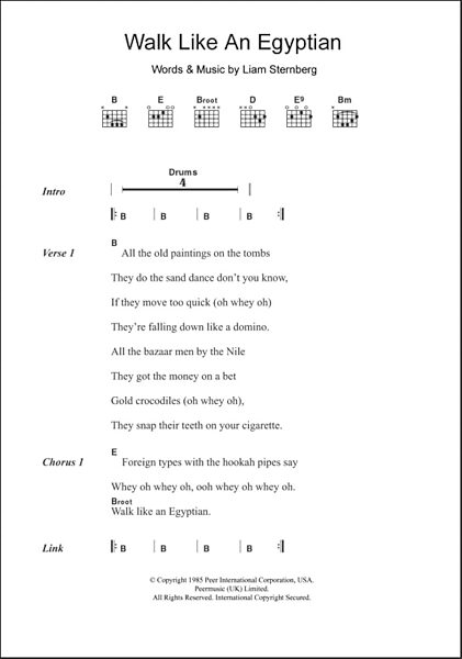 open zoom image for Walk Like An Egyptian - Guitar Chords/Lyrics, New, Main