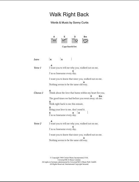 open zoom image for Walk Right Back - Guitar Chords/Lyrics, New, Main