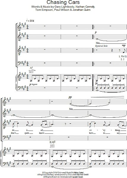 open zoom image for Chasing Cars - Choral, New, Main