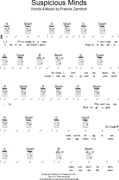 open zoom image for Suspicious Minds - Ukulele Chords/Lyrics, New, Main