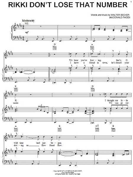 open zoom image for Rikki Don't Lose That Number - Piano/Vocal/Guitar, New, Main