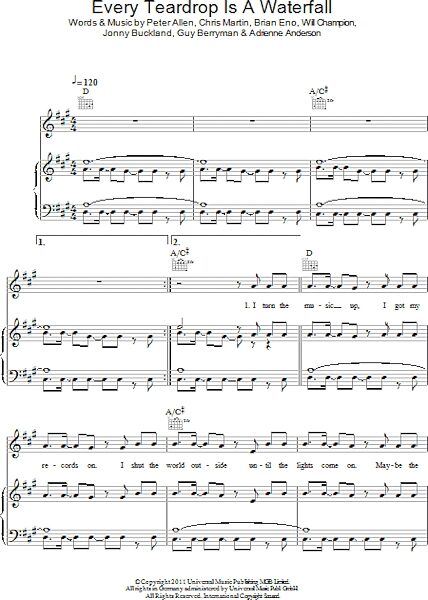open zoom image for Every Teardrop Is A Waterfall - Piano/Vocal/Guitar, New, Main