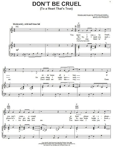 open zoom image for Don't Be Cruel (To A Heart That's True) - Piano/Vocal/Guitar, New, Main