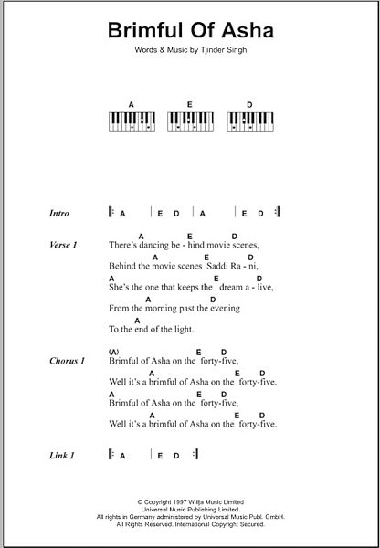 open zoom image for Brimful Of Asha - Piano Chords/Lyrics, New, Main