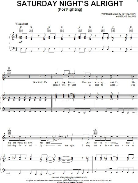 open zoom image for Saturday Night's Alright (For Fighting) - Piano/Vocal/Guitar, New, Main