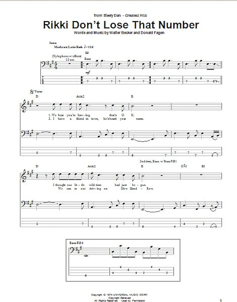 open zoom image for Rikki Don't Lose That Number - Bass Tab, New, Main