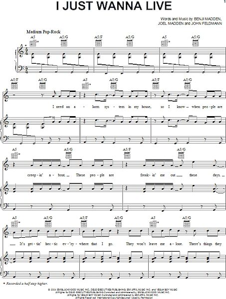 open zoom image for I Just Wanna Live - Piano/Vocal/Guitar, New, Main