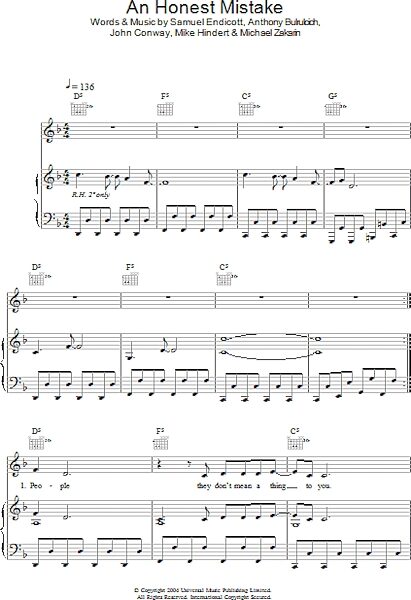 open zoom image for Honest Mistake - Piano/Vocal/Guitar, New, Main