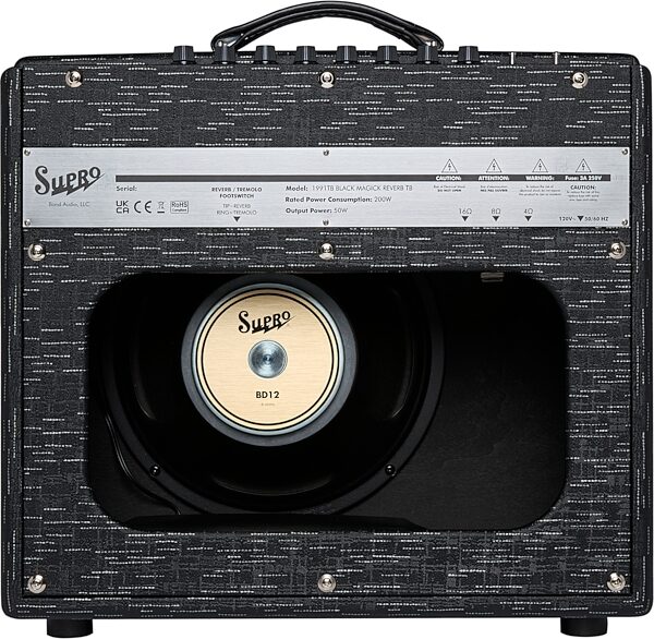 open zoom image for Supro 1991TB Tyler Bryant Black Magick Reverb TB Guitar Combo Amplifier (1x12", 35 Watts), New, Action Position Back
